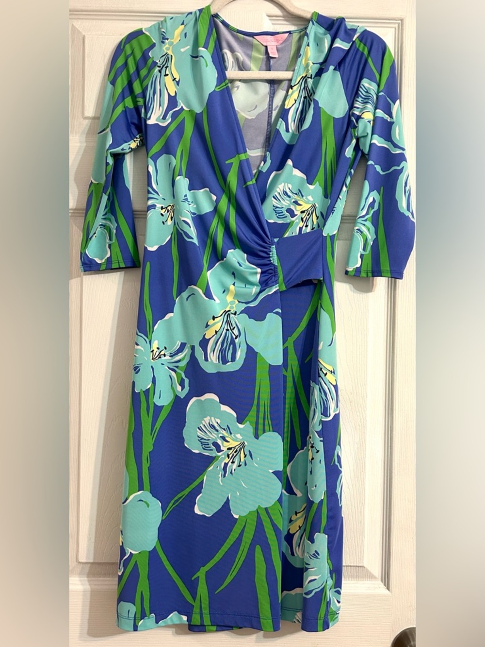 Lily Pulitzer Blue and Green Floral Faux Wrap Women's Dress, Yvette, Size Small